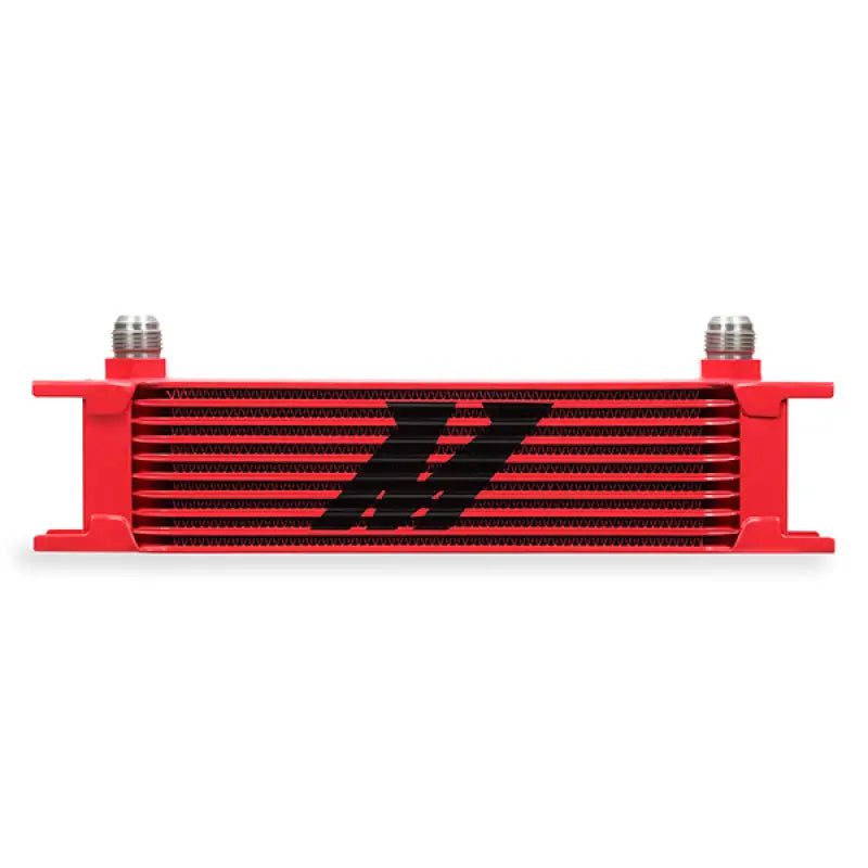 Red Mishimoto Universal 10 Row Oil Cooler for better cooling performance