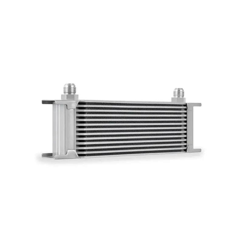 Silver aluminum oil cooler from Mishimoto Universal 13-Row Oil Cooler series