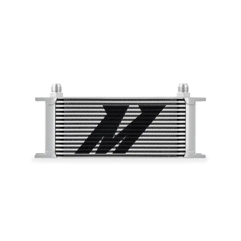 Silver Mishimoto Universal 16-Row Oil Cooler with black logo for enhanced cooling