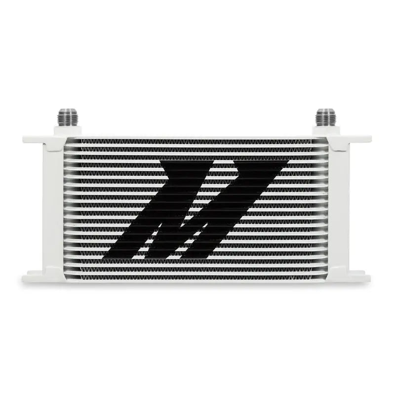 White Mishimoto universal 19 row oil cooler kit with black logo for better cooling