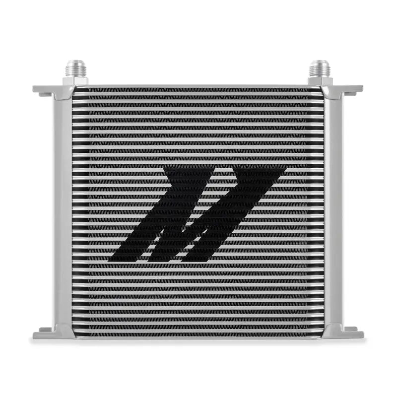 Silver Mishimoto Universal 34 Row Oil Cooler with Black Logo for optimal engine cooling