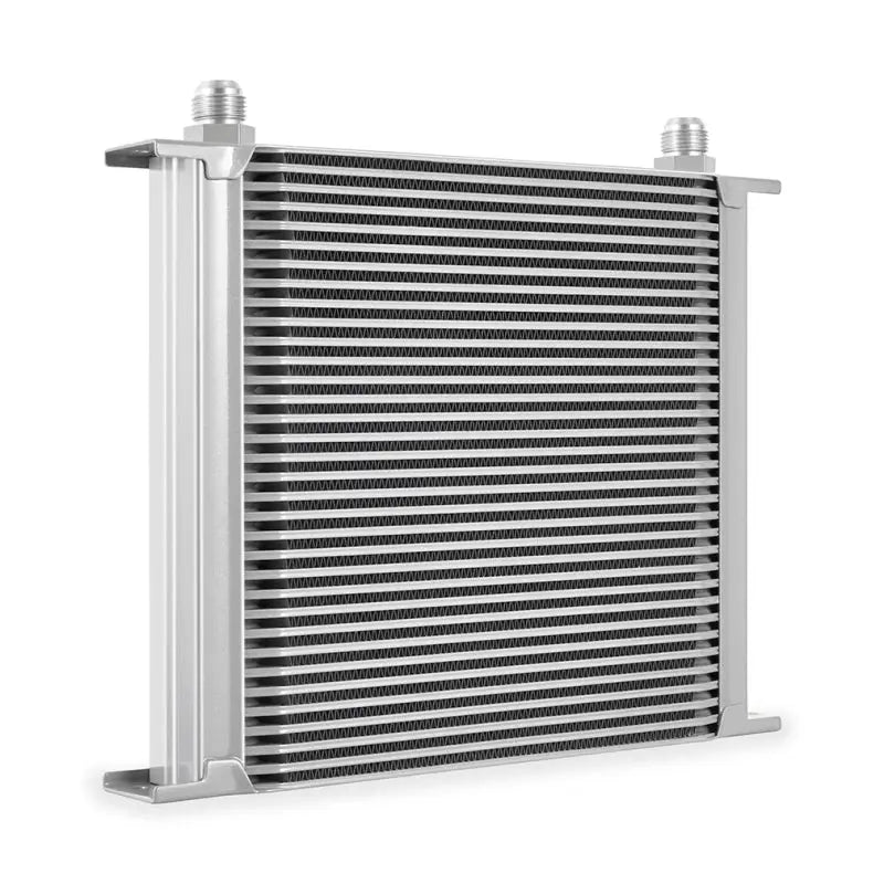 Silver aluminum Mishimoto Universal 34 Row Oil Cooler for enhanced engine cooling
