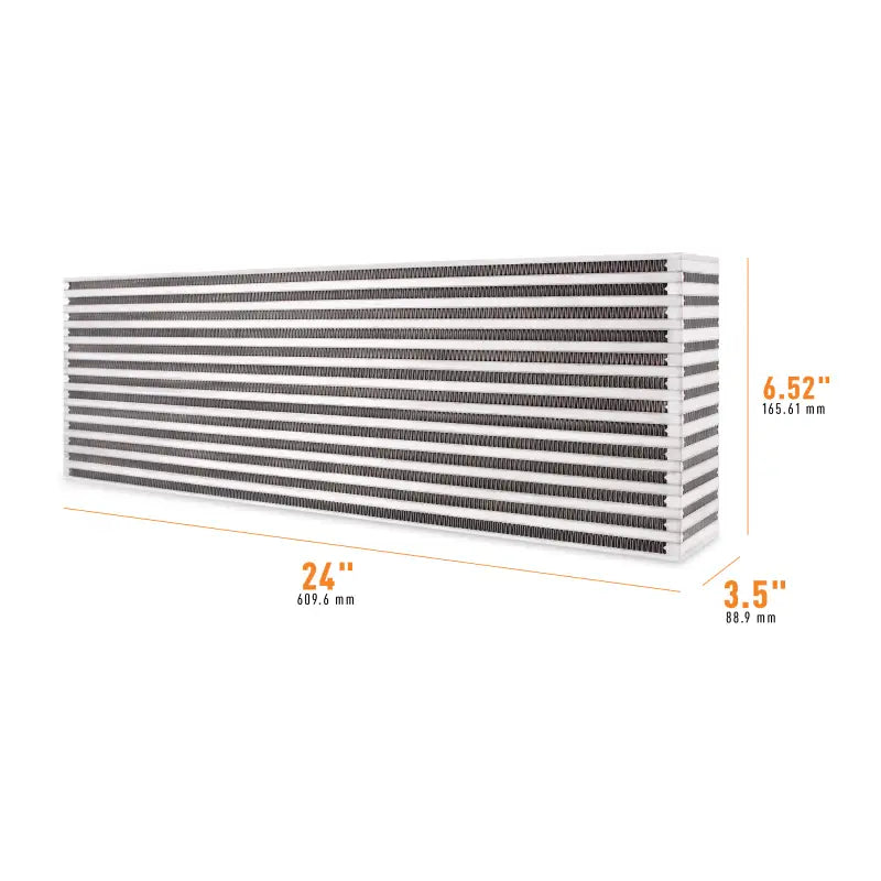 Rectangular Mishimoto Universal Air-to-Air Intercooler Core with dimensions displayed