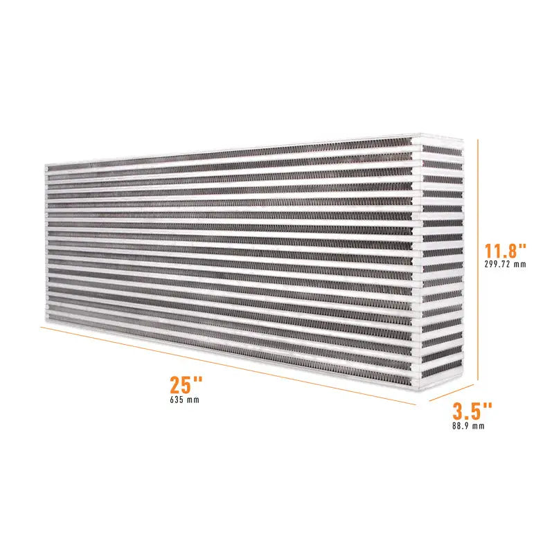 Rectangular Mishimoto Universal Air-to-Air Intercooler Core with dimensions for enhanced performance