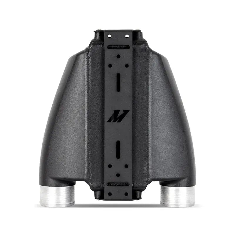 Black metal intake manifold with silver ports for Mishimoto intercooler dual pass setup