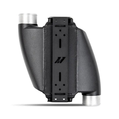 Black Mishimoto universal air-to-water intercooler with silver inlets and outlets for high performance