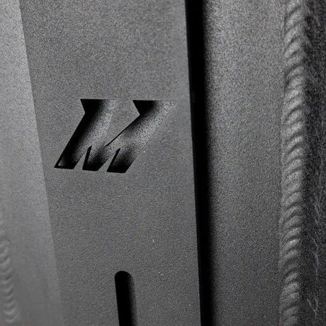 Black metal Mishimoto universal air-to-water intercooler cut-out logo plate image