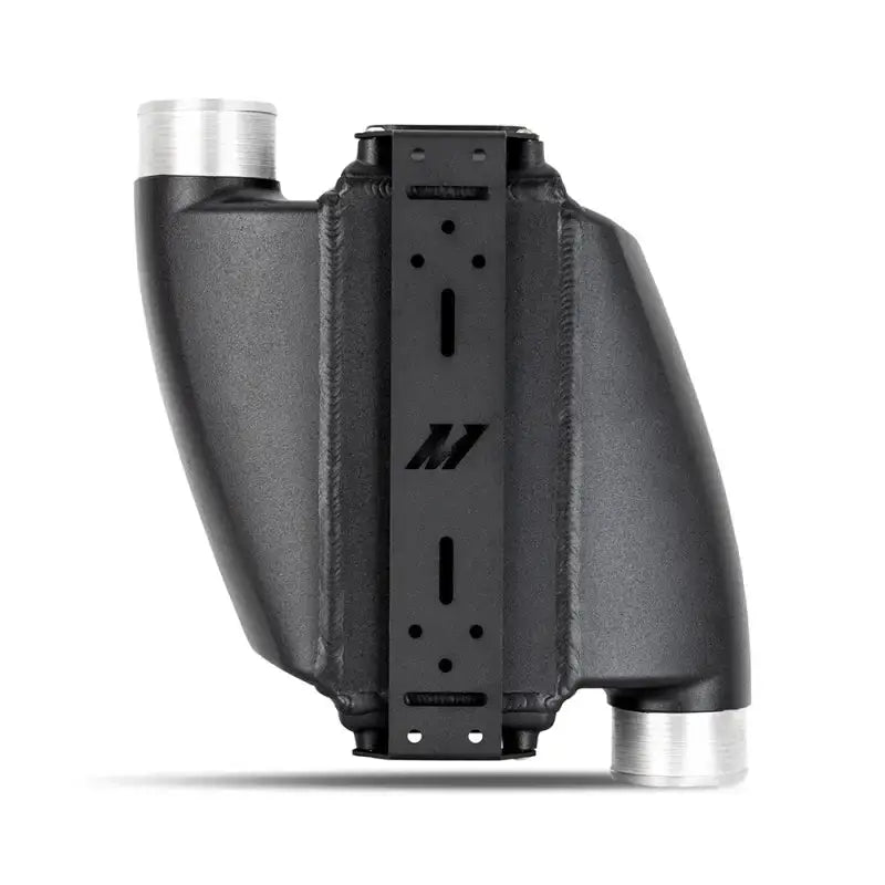 Black Mishimoto universal air-to-water intercooler with silver inlets and outlets for high performance