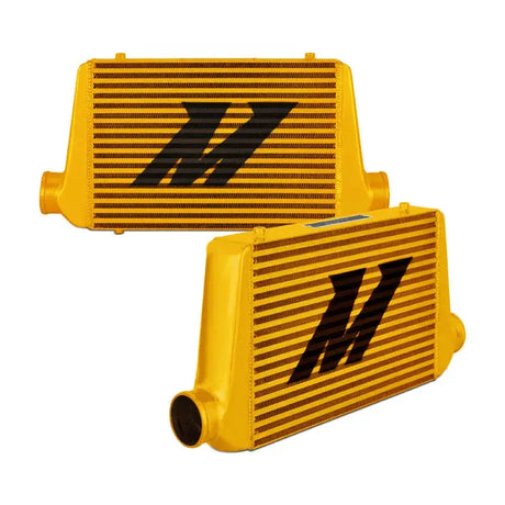Yellow Mishimoto Universal Intercooler G-Line with Black Logo for improved performance
