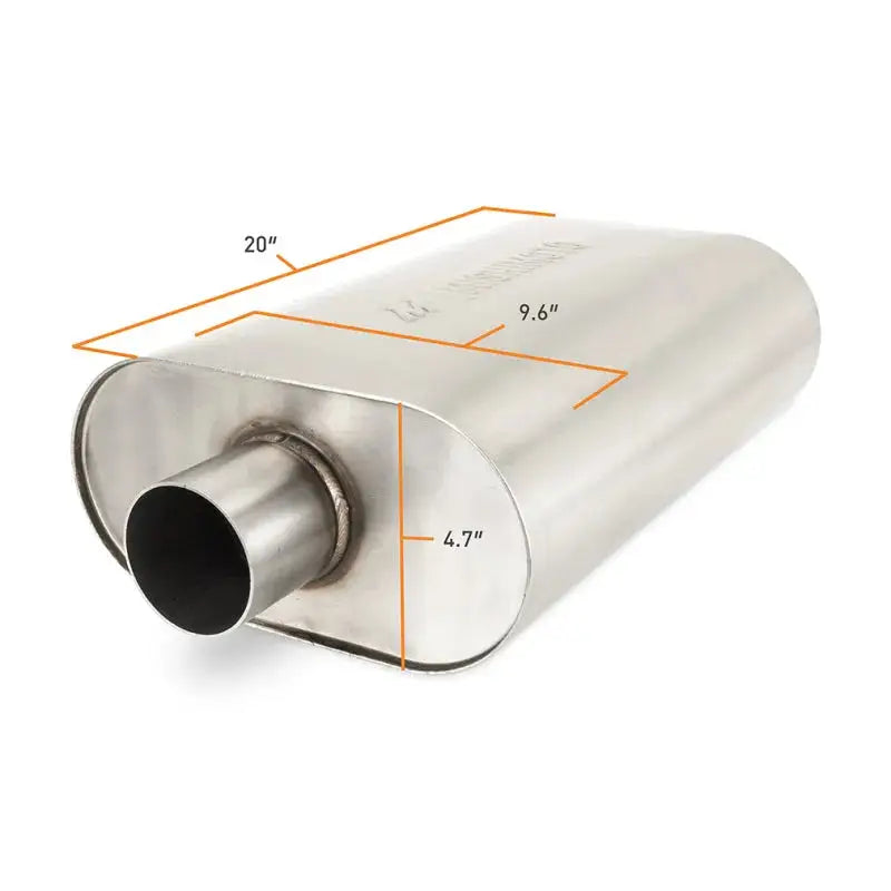 Silver Mishimoto Universal Muffler with dimensions for the Mishimoto Universal series