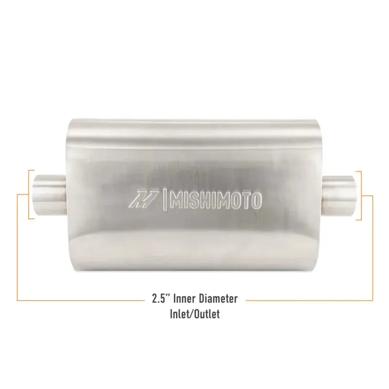 Stainless steel Mishimoto universal muffler with 2.5in inlet/outlet for cars