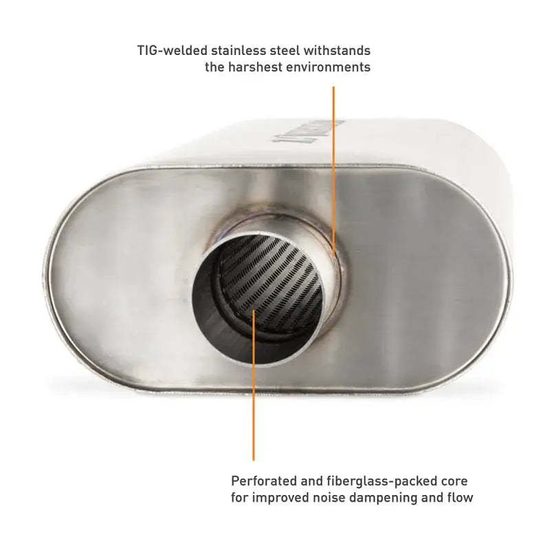 Stainless steel Mishimoto Universal Muffler with perforated core and 2.5in inlet outlet