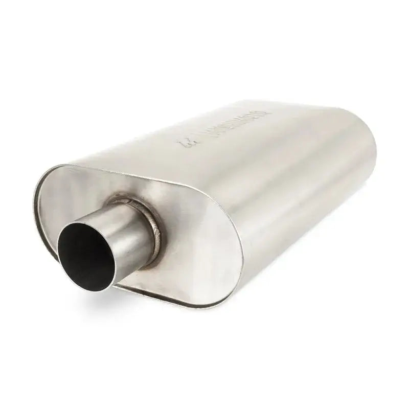 Silver metal Mishimoto Universal Muffler with 2.5in inlet and outlet for better sound