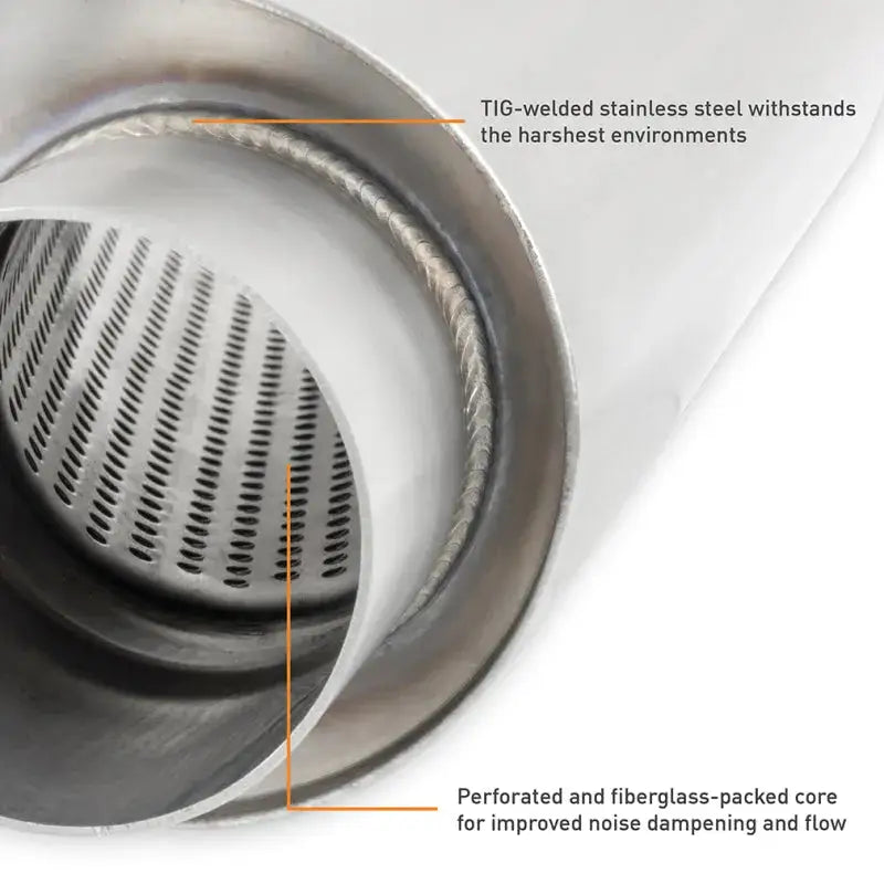 TIG-welded stainless steel perforated core in Mishimoto Universal Muffler design
