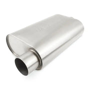 Shiny metal Mishimoto Universal Muffler with 3.0in offset inlet/outlet in brushed finish