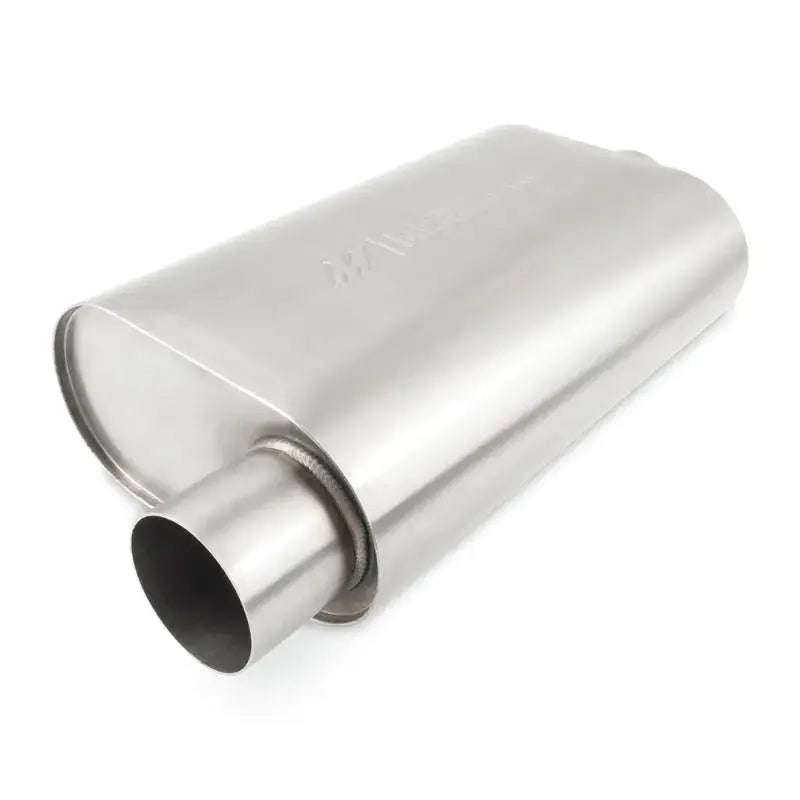 Shiny metal Mishimoto Universal Muffler with 3.0in offset inlet/outlet in brushed finish