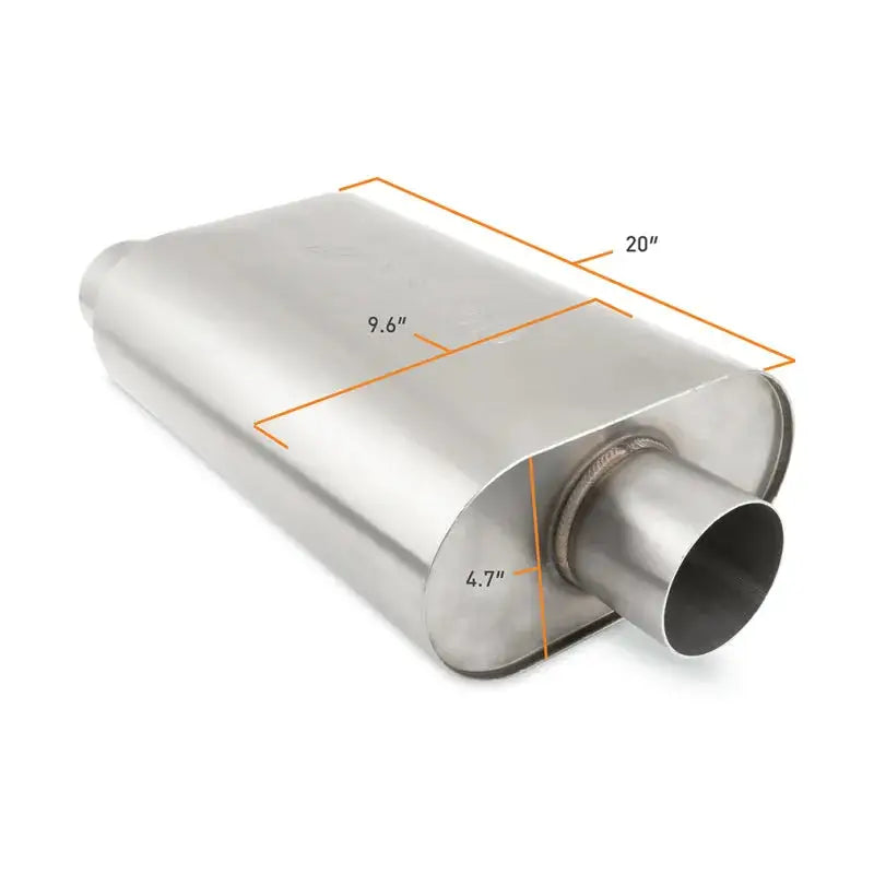 Stainless steel mishimoto universal muffler with dimensions for high-performance sound and fit