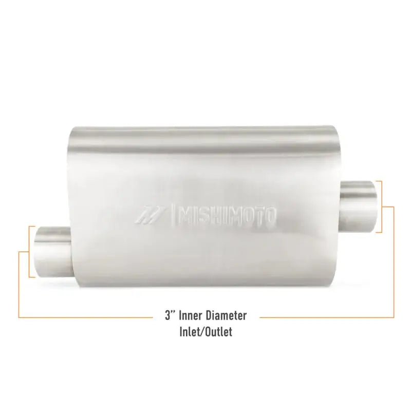 Stainless steel Mishimoto Universal Muffler with 3.0in offset inlet/outlet in brushed finish