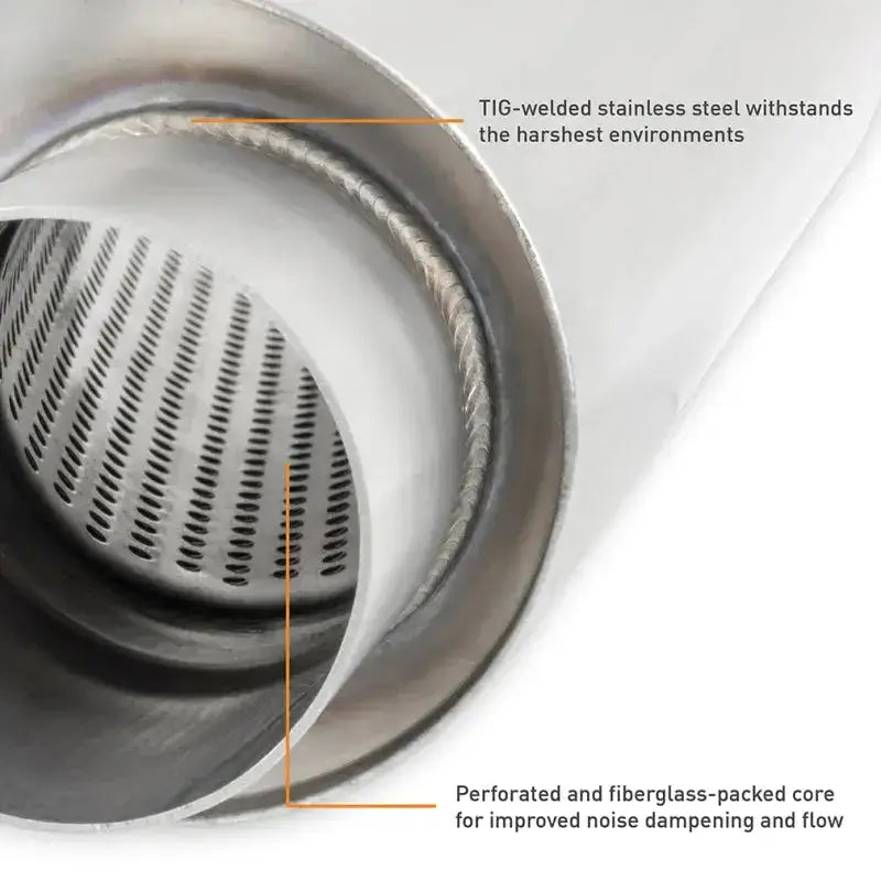 TIG-welded stainless steel perforated core in Mishimoto Universal Muffler design