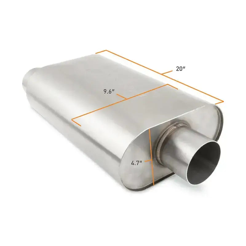 Stainless steel mishimoto universal muffler with dimensions for high-performance sound and fit