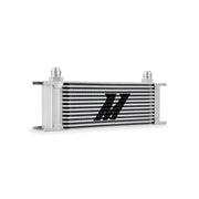 Silver oil cooler with black logo from Mishimoto Universal Thermostatic Oil Cooler Kit