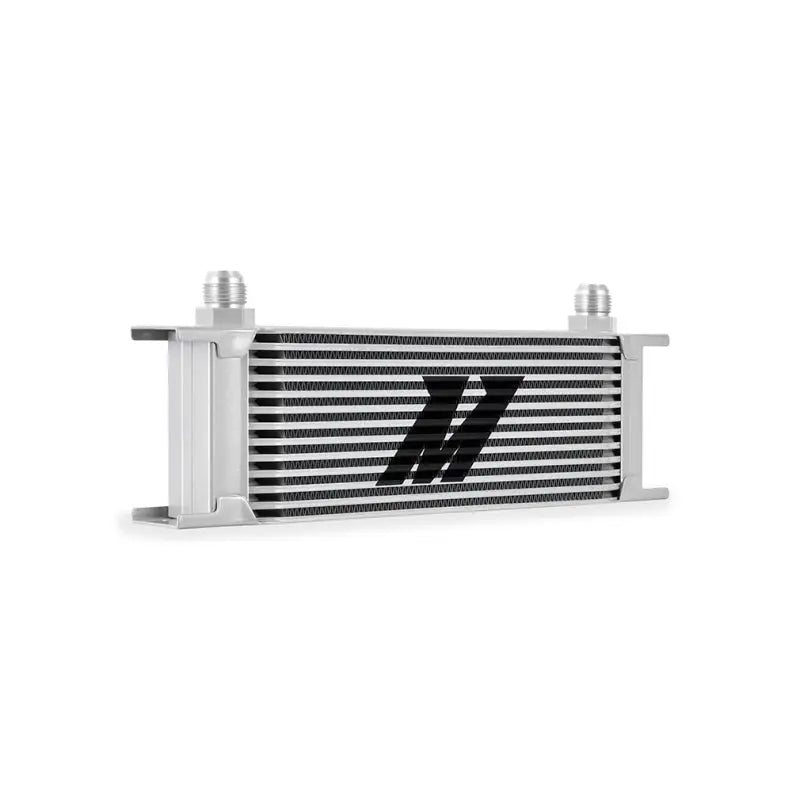 Silver oil cooler with black logo from Mishimoto Universal Thermostatic Oil Cooler Kit