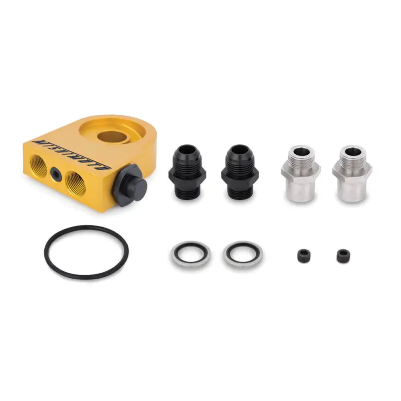 Gold oil filter adapter with fittings and seals for Mishimoto universal thermostatic oil cooler kit
