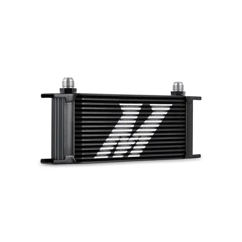 Black Mishimoto universal thermostatic oil cooler with silver fittings for optimal performance