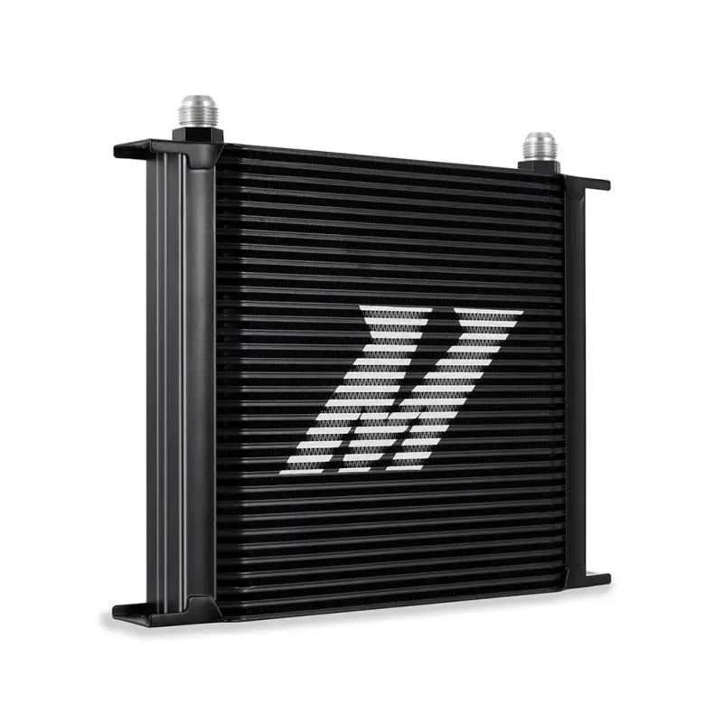 Black oil cooler with fittings from Mishimoto Universal Thermostatic Oil Cooler Kit