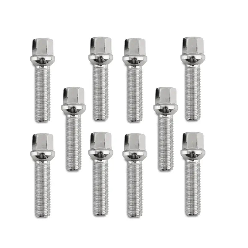 Ten silver lug bolts for Mishimoto Wheel Spacers in black, ideal for wheel spacers upgrade