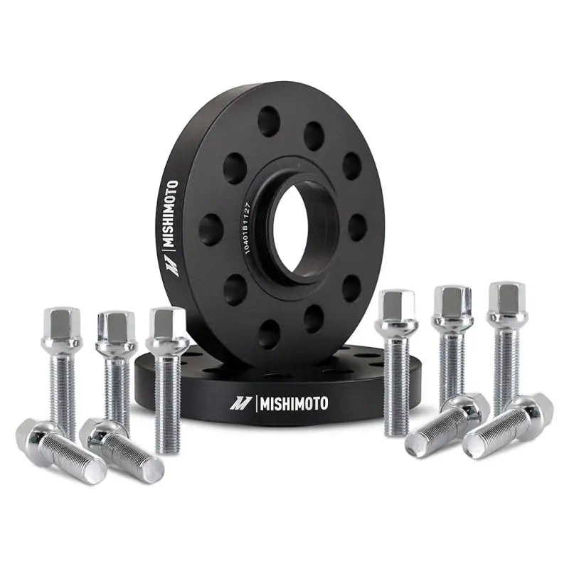 Black Mishimoto wheel spacers with lug bolts for 5x112 fitment and M14 size