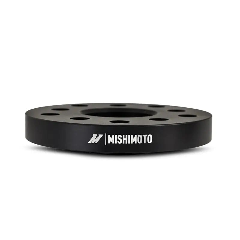 Black Mishimoto Wheel Spacers for 5x112 wheels enhancing fit and style