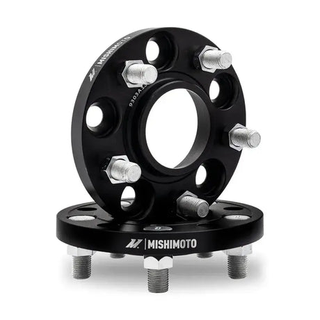 Black Mishimoto Wheel Spacers with bolts for 5x114.3 wheels and 20mm offset