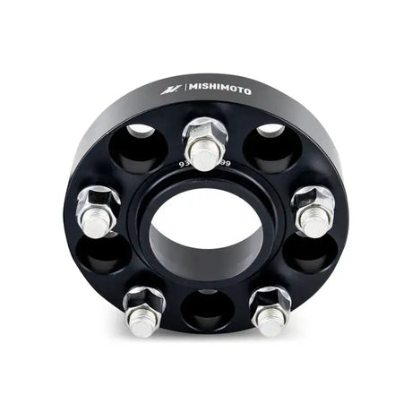 Black mishimoto wheel spacers with silver bolts for 5x114.3 wheels 25mm BK