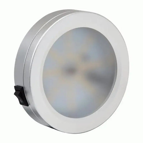 Round silver LED puck light for interior cabin light upgrades in ML-CLWHT Metra Interior Cabin Light