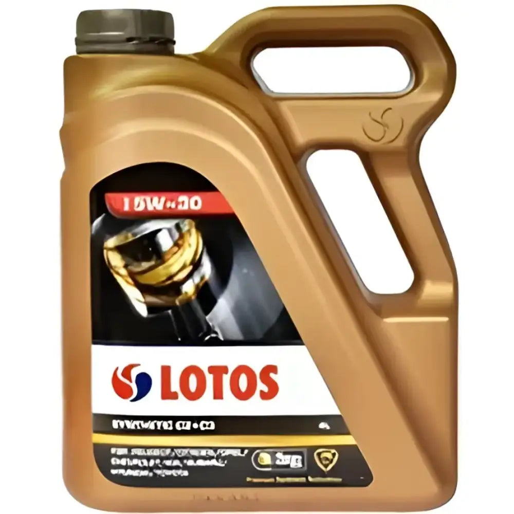 Golden bottle of LOTOS 15W-30 synthetic motor oil.