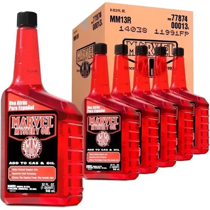MM13R Turtlewax Marvel Mystery Oil 32.0 F bottles, designed for cleaning and lubricating engines, enhancing performance and preventing corrosion.