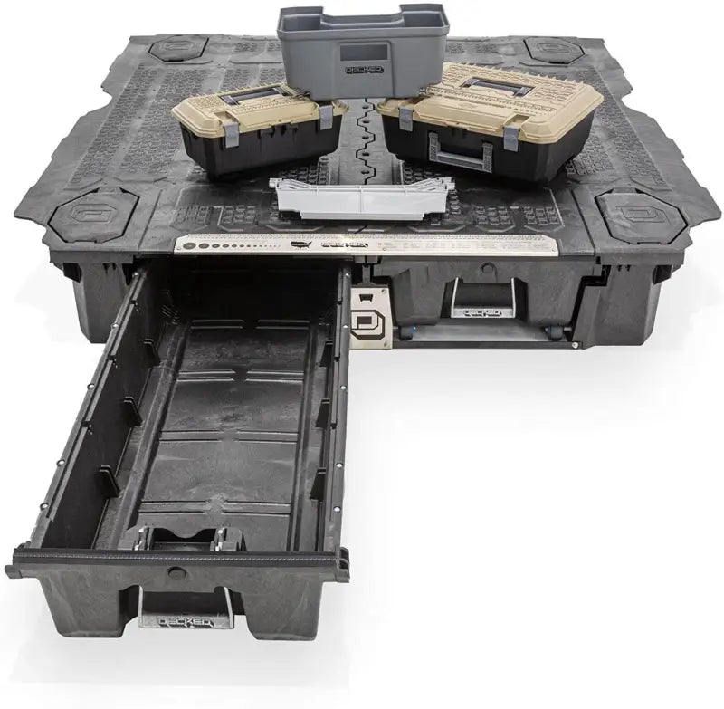 Black Truck Bed Storage System with Open Drawer for Nissan Frontier MN9 Decked
