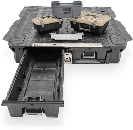 Black Truck Bed Storage System with Open Drawer for Nissan Frontier MN9 Decked