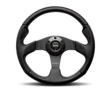 Black leather Momo Jet Steering Wheel with silver accents and central logo