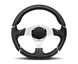 Momo Millenium steering wheel in black leather with silver accents for a sleek look