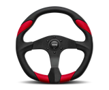 Red and black Momo Quark steering wheel with sporty design and NRG logo front and center