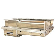 Polished aluminum aftermarket oil pan for Moroso Brodix 5.00in Bore BBC engines