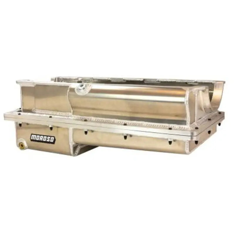 Polished aluminum aftermarket oil pan for Moroso Brodix 5.00in Bore BBC engines