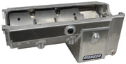 Silver aluminum oil pan with baffles for Rocket Small Block engines in Moroso Dart Rocket Small