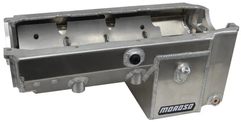 Silver aluminum oil pan with baffles for Rocket Small Block engines in Moroso Dart Rocket Small