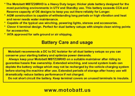 Battery Mbtz26rhd Sealed Factory Activated - MOTOBATT