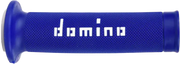Blue and white MotoGP grips by Domino with dual thermoplastic compound, designed for 22mm handlebars.