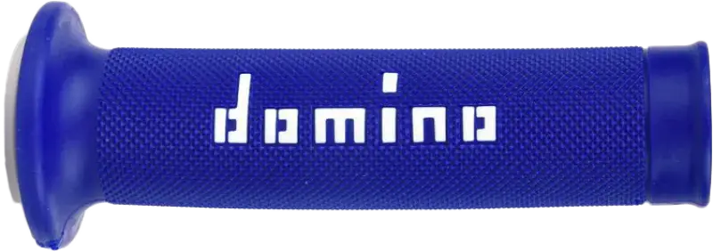 Blue and white MotoGP grips by Domino with dual thermoplastic compound, designed for 22mm handlebars.