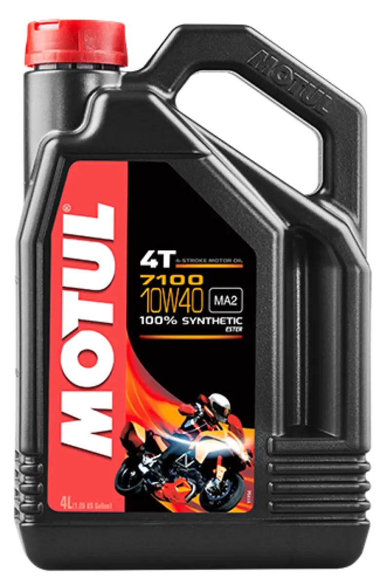 Black plastic jug of Motul 7100 4T 10W40 synthetic engine oil for 4-stroke engines